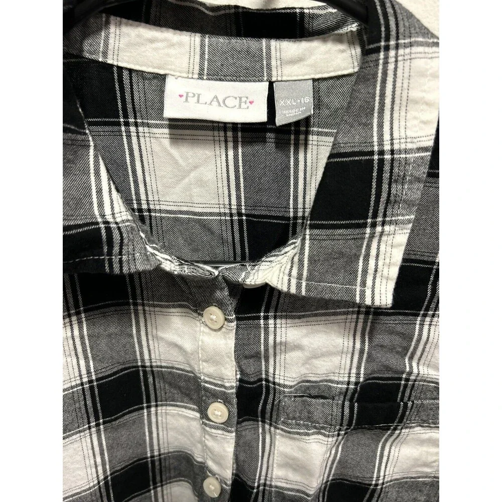 Children’s Place Girls Button Up Dress Plaid With Flower Embroidery XXL 16